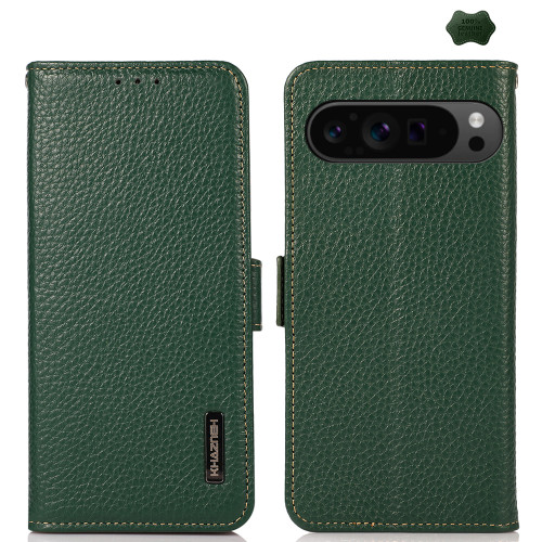 Google Pixel 9 Pro KHAZNEH Side-Magnetic Litchi Genuine Leather RFID Phone Case - Green